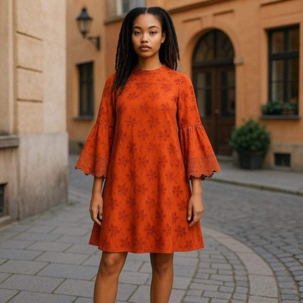 entro Rust Floral Bell-Sleeve Midi Dress